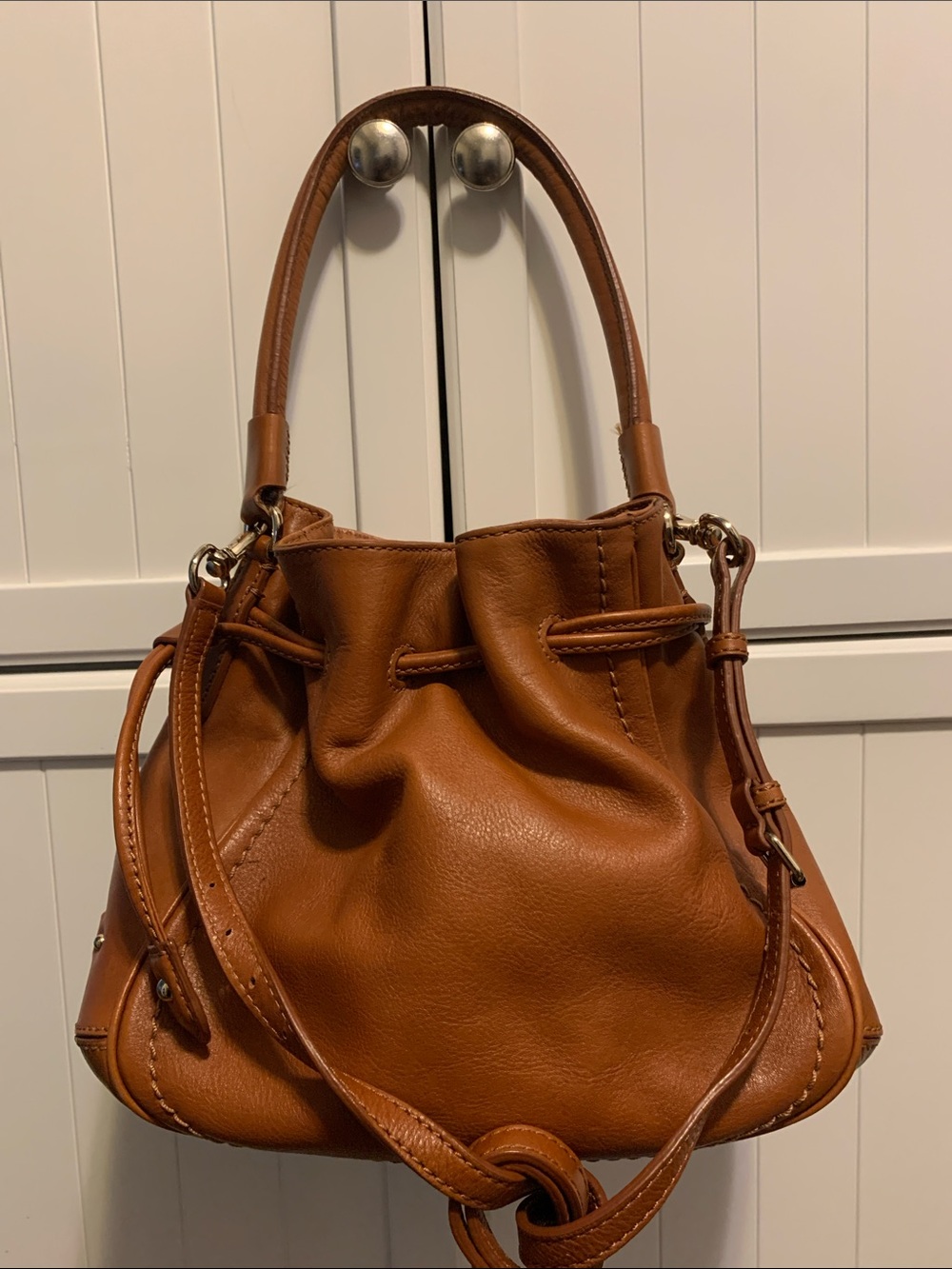 Cole Haan Structured Leather Drawstring Hobo Bag - Cognac